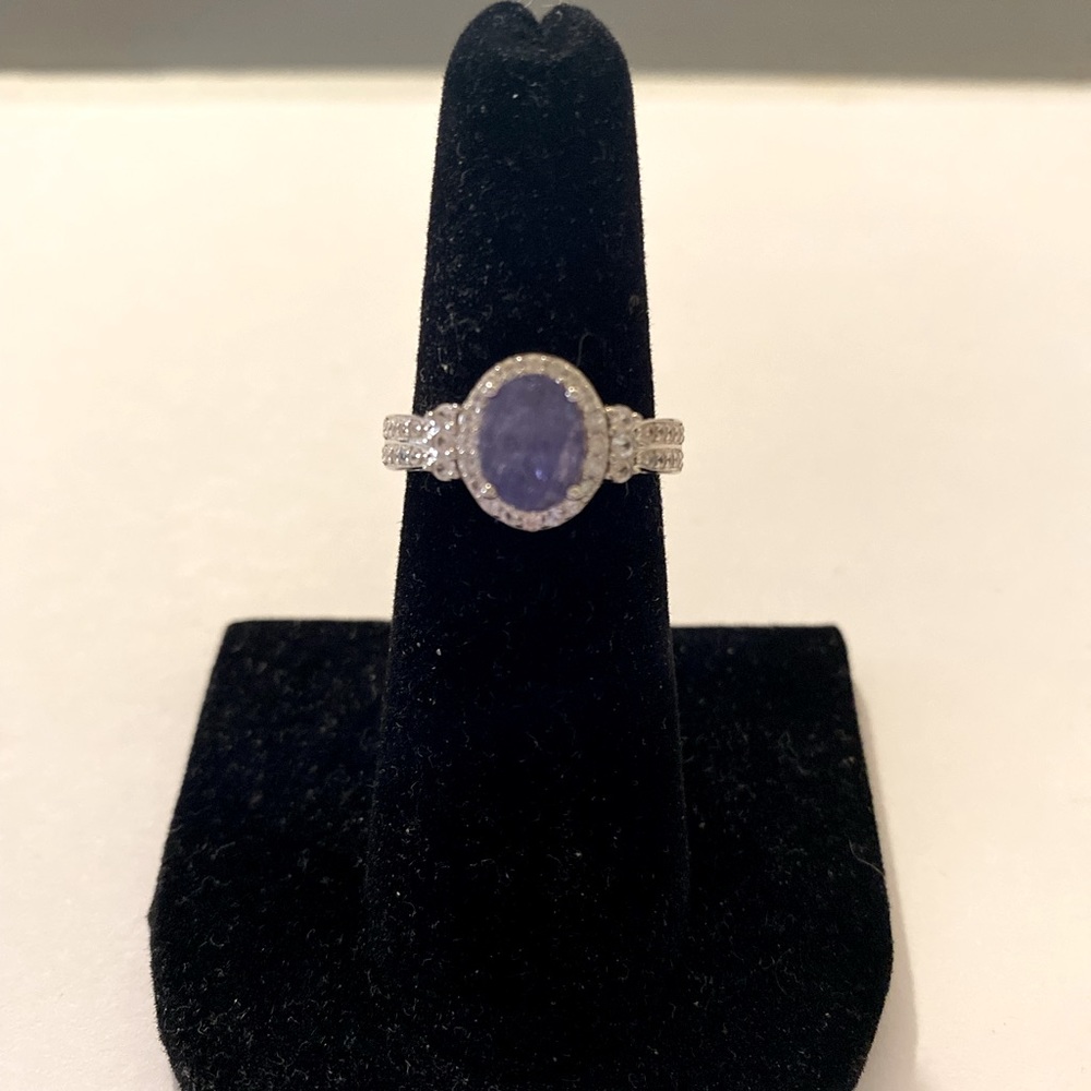 NEW 1.25 CT OVAL GENUINE TANZANITE & WHITE ZIRCON STERLING SILVER RING SIZE 6
